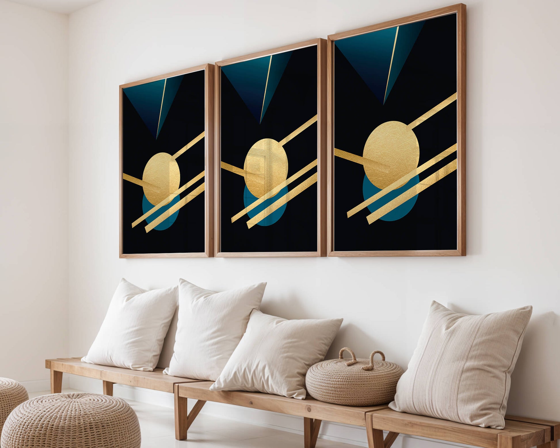 Abstract Geometric Composition with Gold and Blue Elements