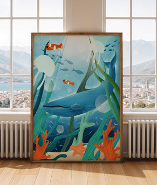Underwater scene with whale, fish, and sea plants illustration