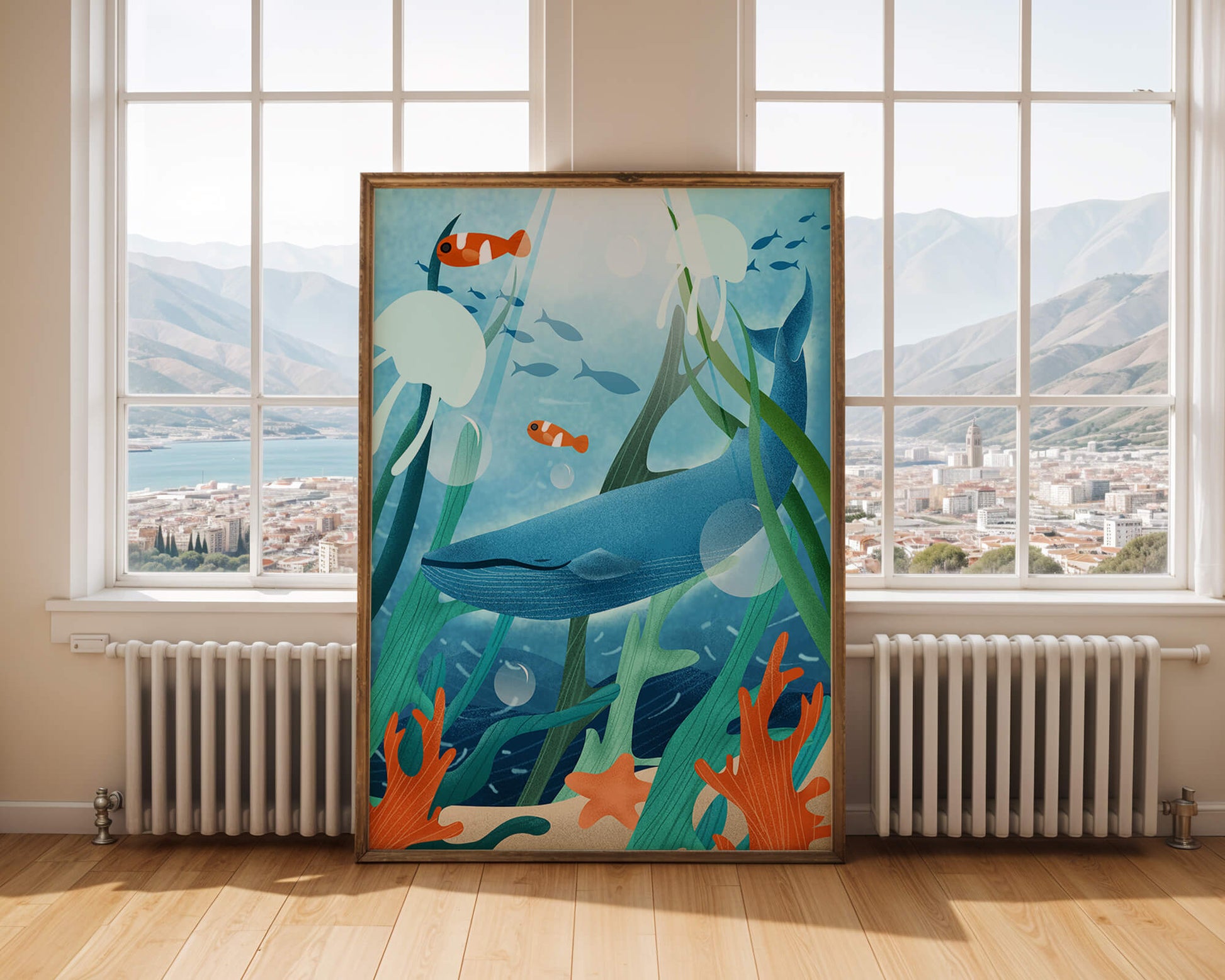 Underwater scene with whale, fish, and sea plants illustration