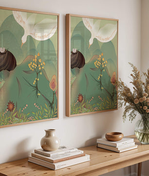 Dreamy nature-inspired illustration with bird and plant elements