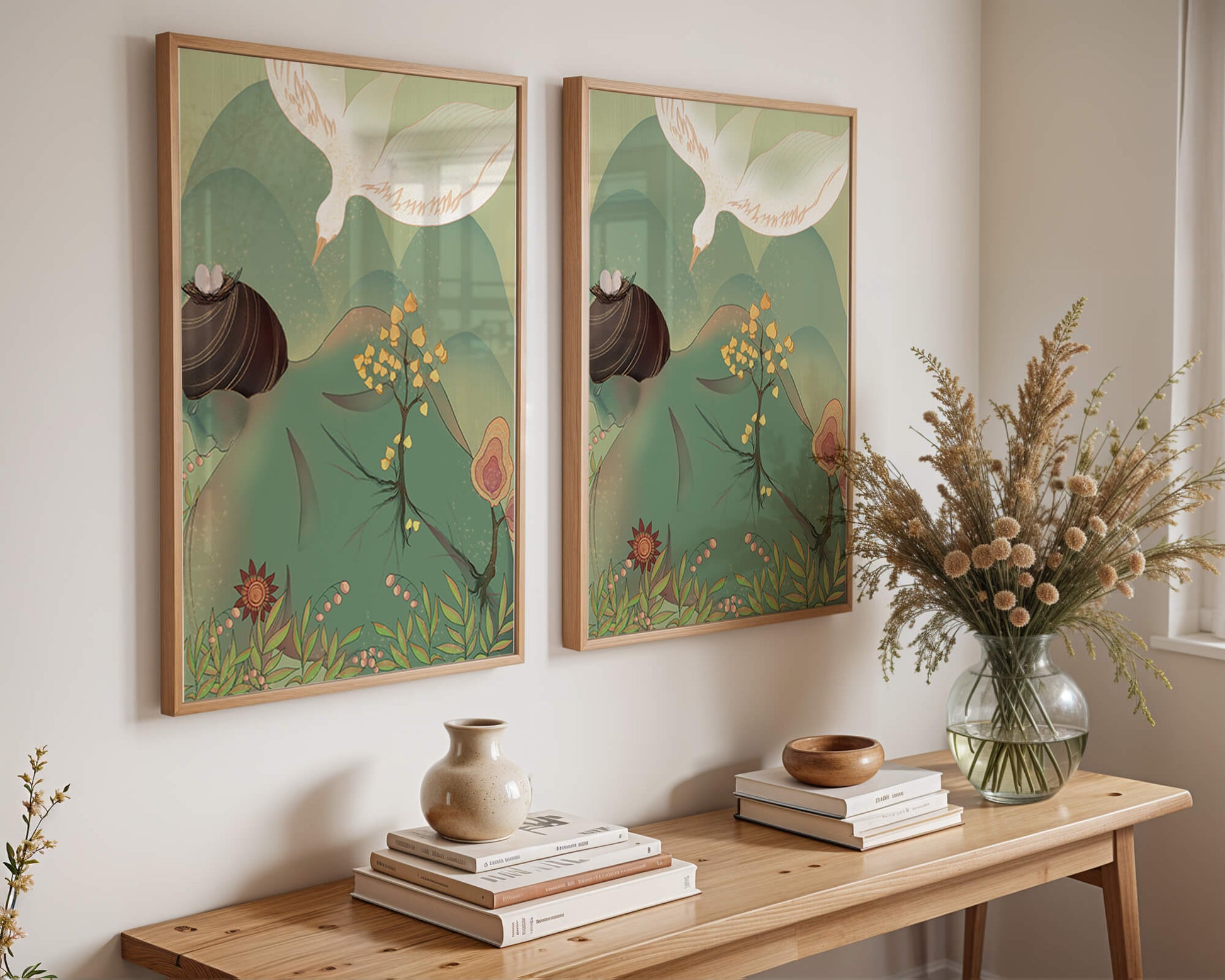 Dreamy nature-inspired illustration with bird and plant elements
