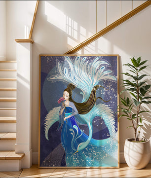 Elegant woman with floral motif and ethereal bird illustration
