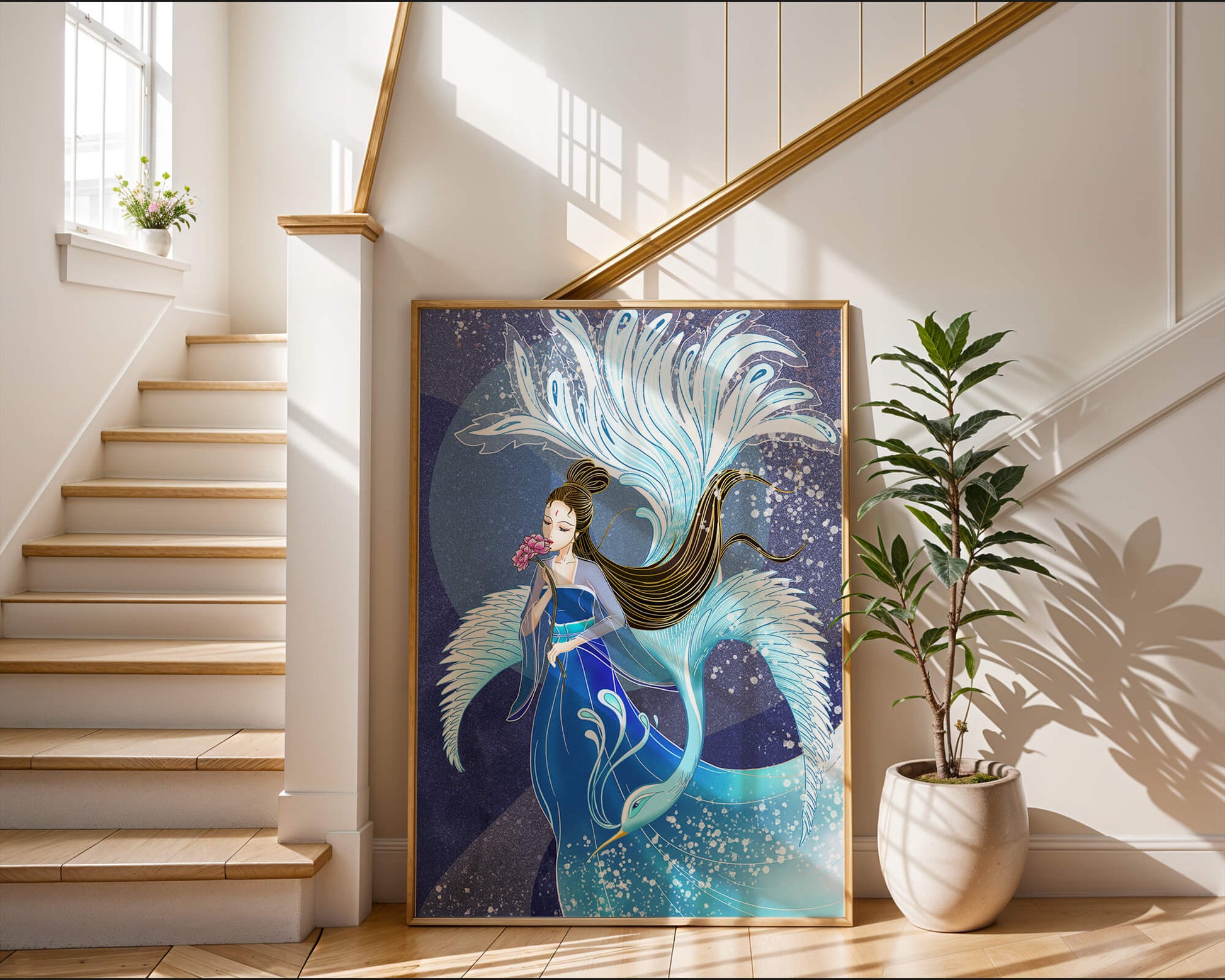 Elegant woman with floral motif and ethereal bird illustration