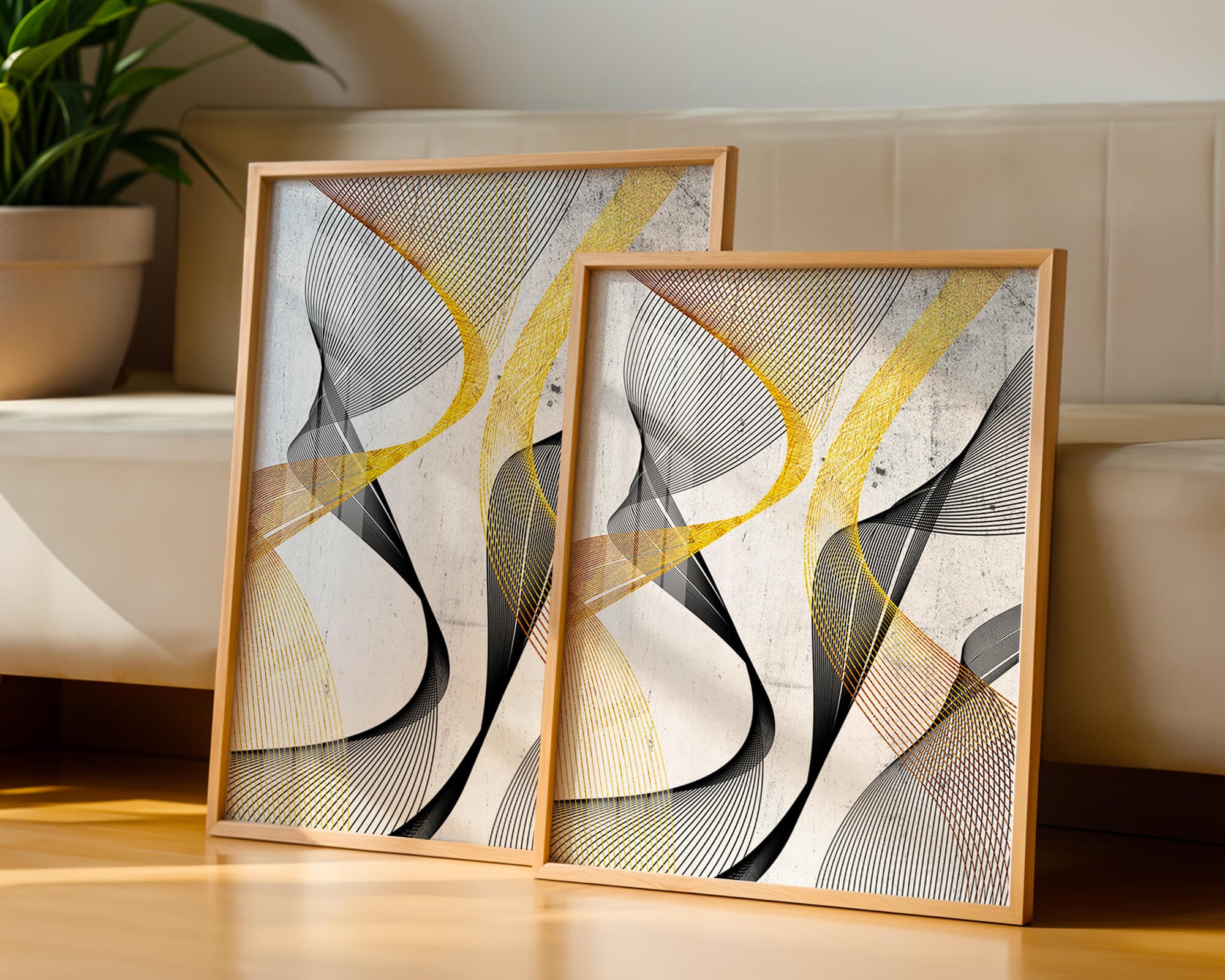 Abstract dynamic lines with golden and black swirls on textured background