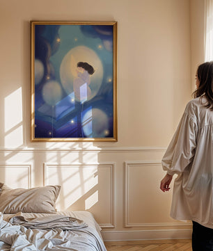 Dreamlike night sky with a girl on a moon enveloped by stars and balloons