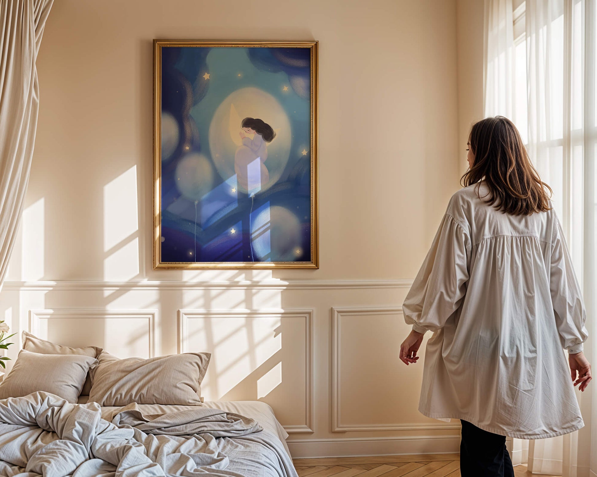 Dreamlike night sky with a girl on a moon enveloped by stars and balloons