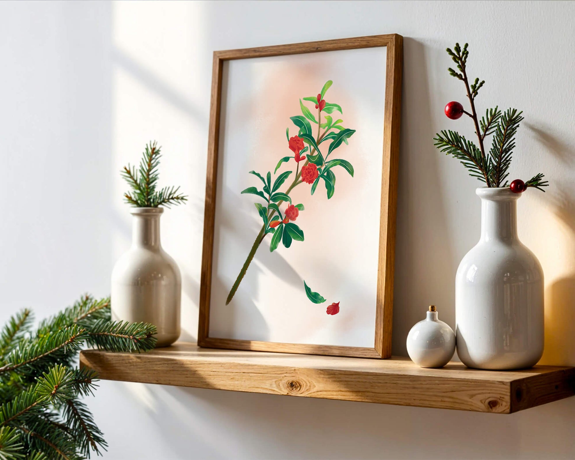 Detailed illustration of a flowering branch with vivid red blooms and lush green leaves