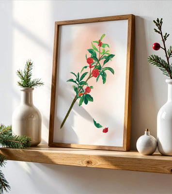 Detailed illustration of a flowering branch with vivid red blooms and lush green leaves