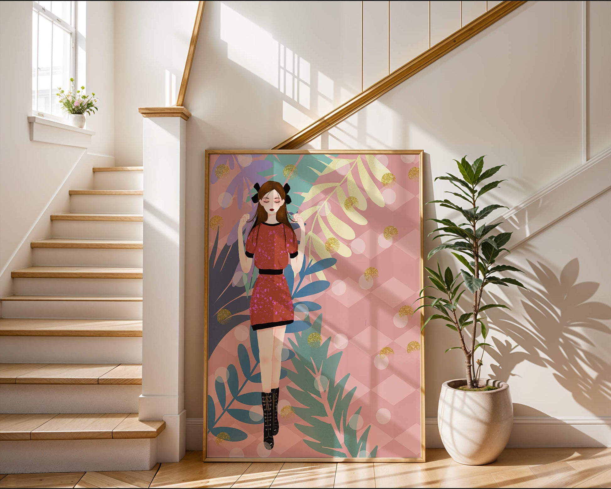 Stylish illustration of a woman with botanical elements and geometric background