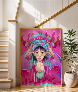 Ilustración colorida de una mujer con traje tradicional y tocado ornamental