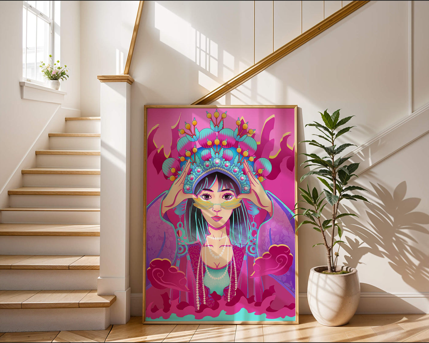 Colorful illustration of a woman in traditional costume with ornate headpiece