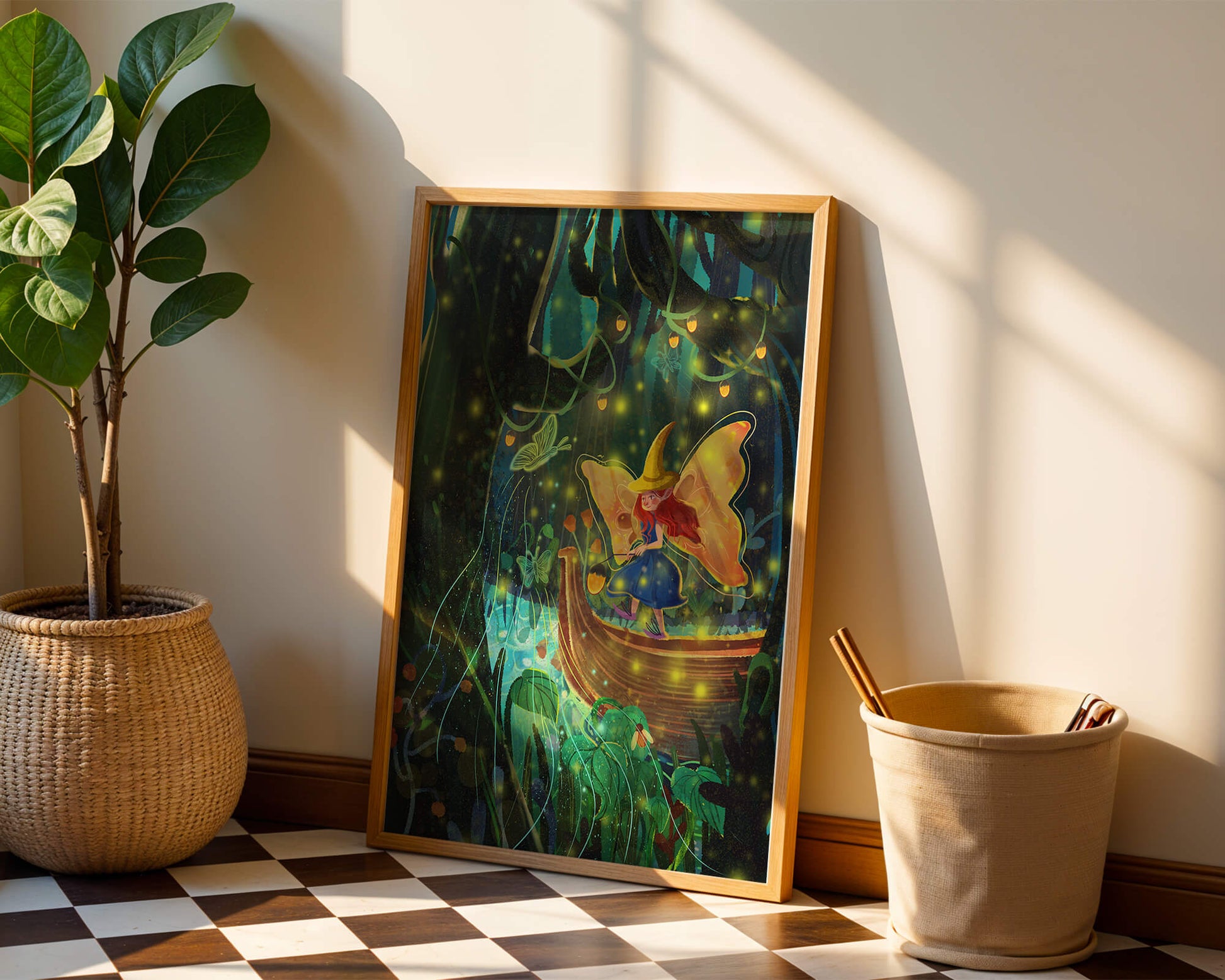 Fairy in an enchanted forest with glowing butterflies and lanterns