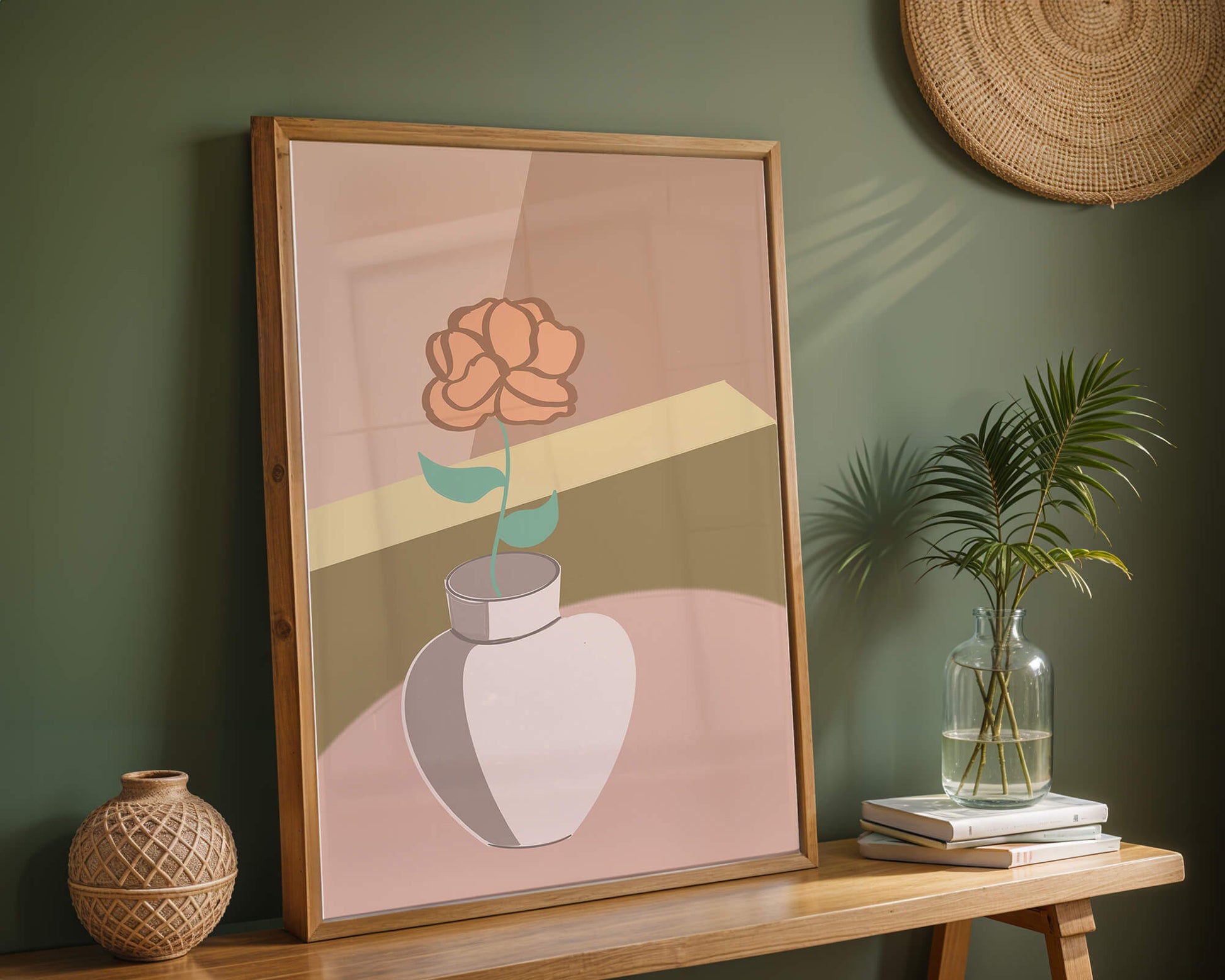 Ilustración abstracta de un jarrón con una flor en colores pastel