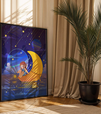 Whimsical child sitting on a crescent moon amidst a starlit cosmic scene