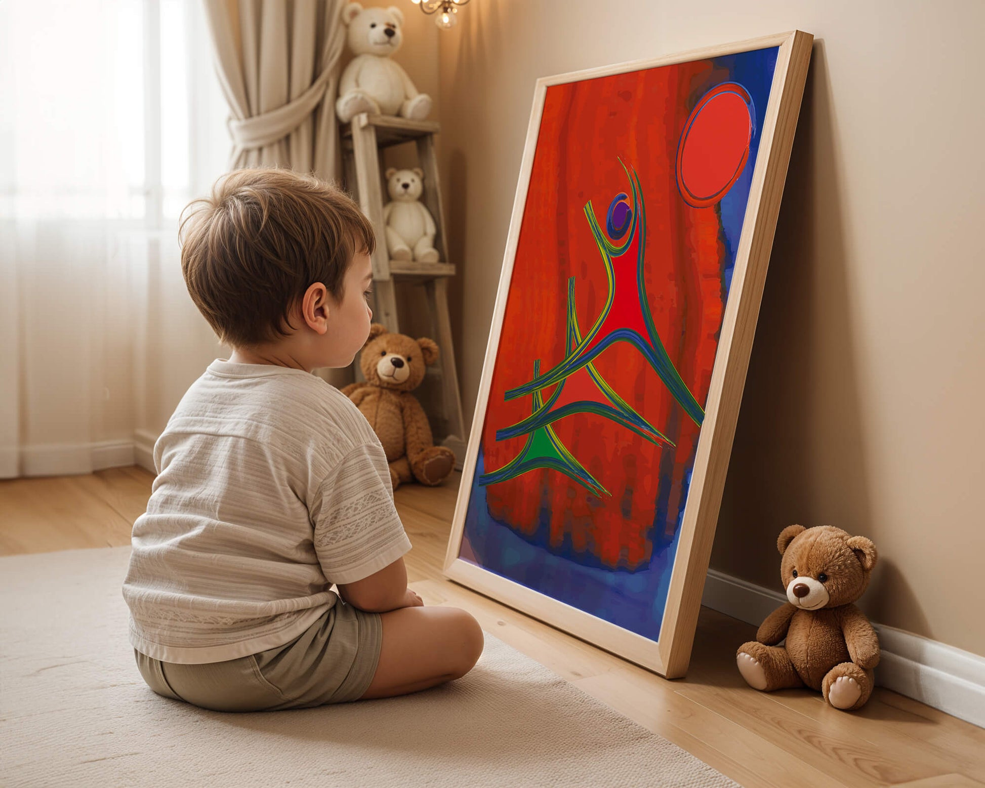 Abstract colorful artwork with dynamic figures and bold colors