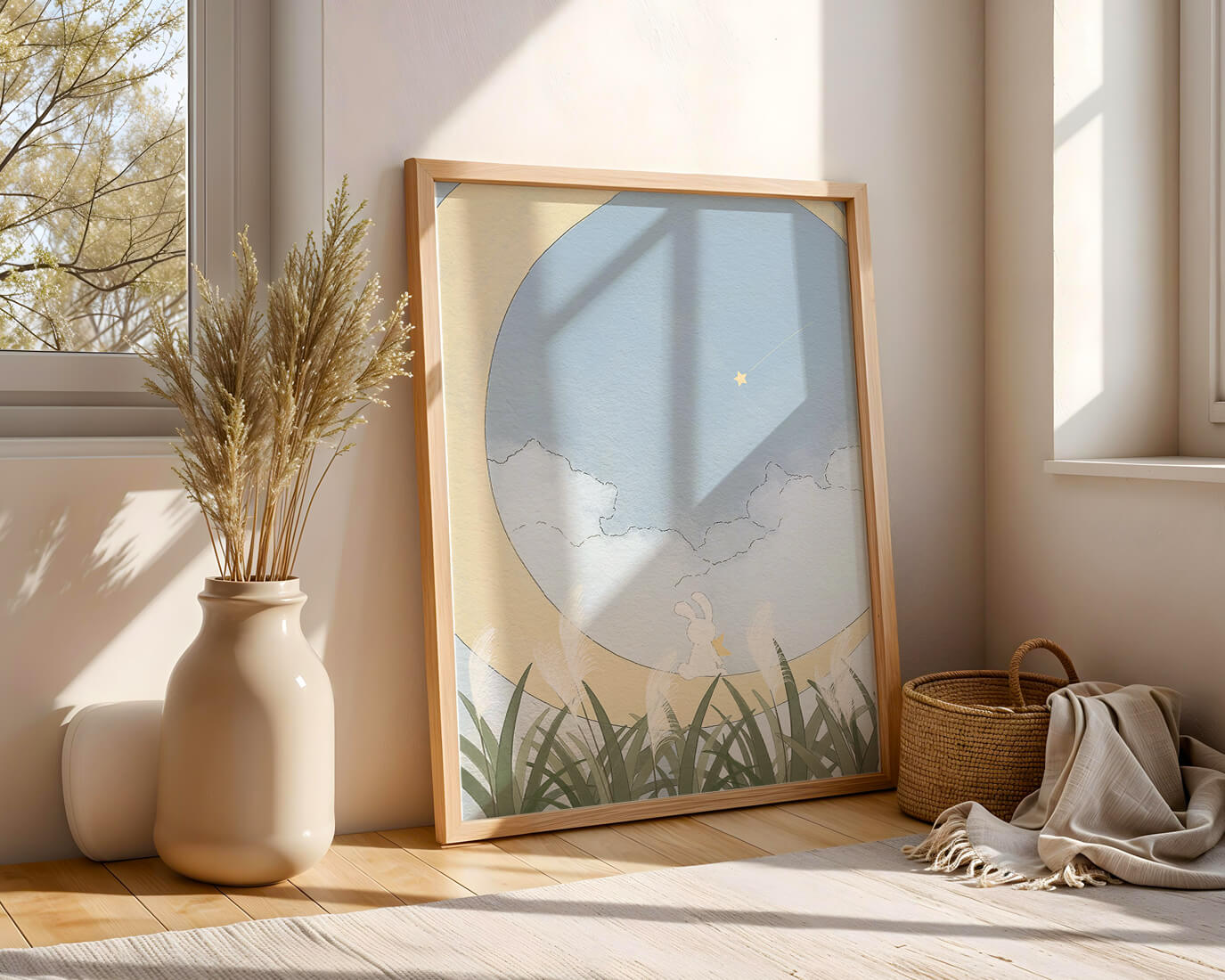 Dreamy Rabbit Sitting on Crescent Moon with Star and Clouds in Sky