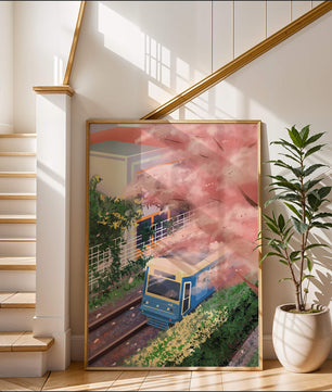 Zug in Kirschblütenlandschaft mit modernem Gebäude