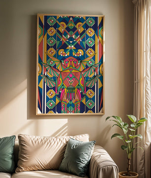 Obra de arte abstracta geométrica colorida con patrones simétricos
