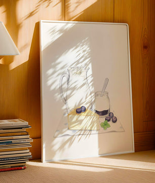 Illustration of dairy products with blueberries on polka dot cloth