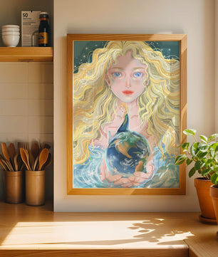 Fantasy artwork of woman holding earth with shimmering details