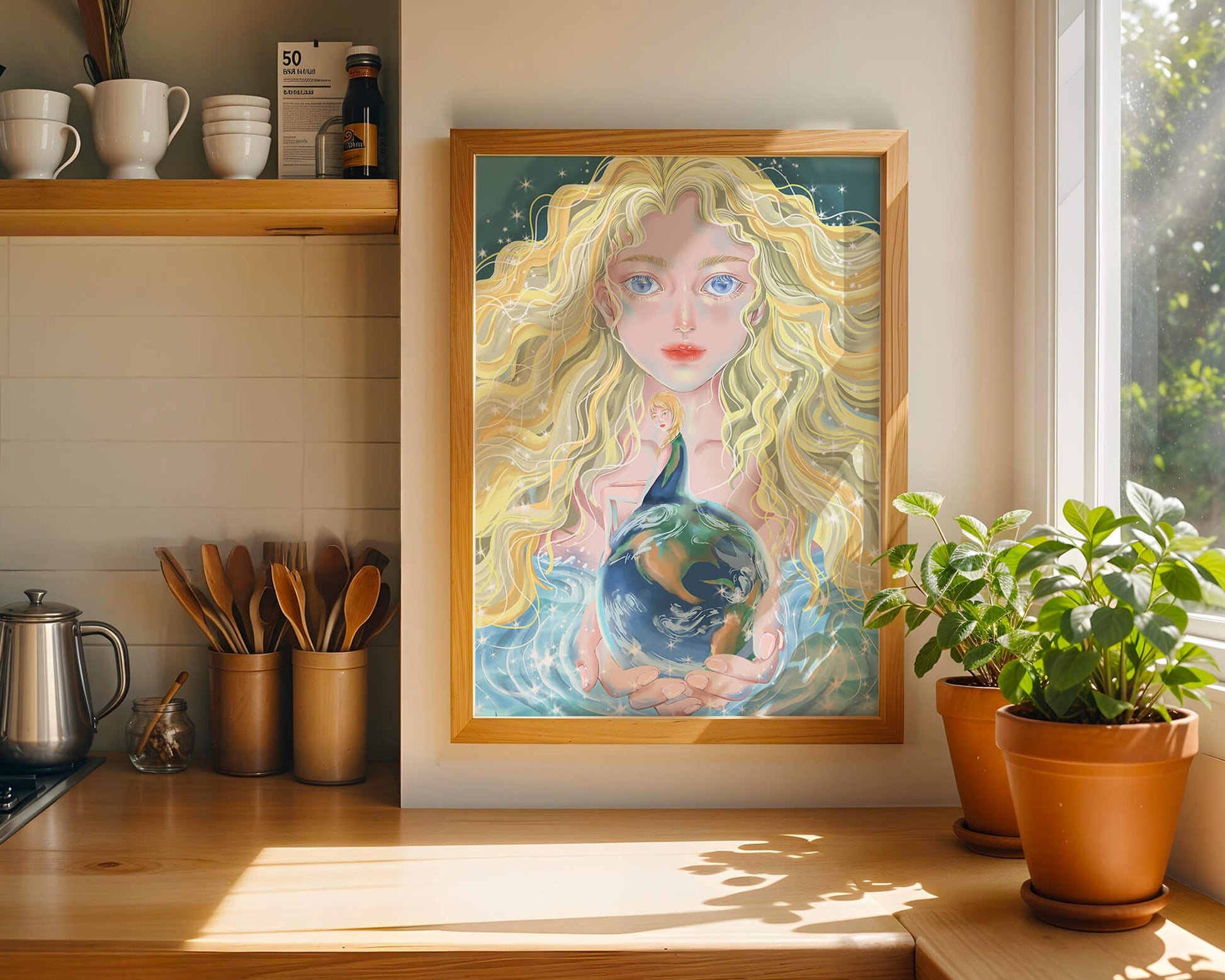 Fantasy artwork of woman holding earth with shimmering details
