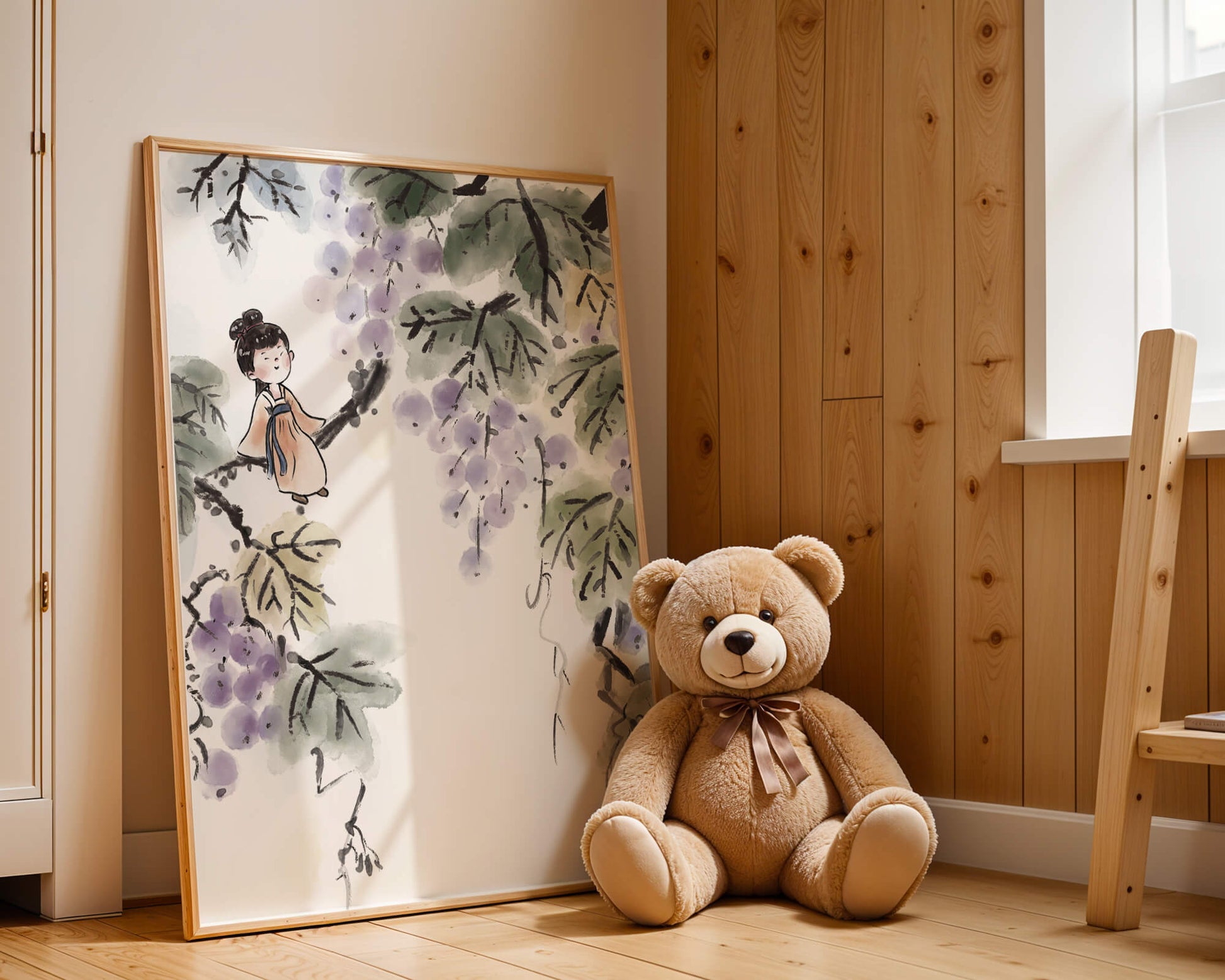 Una chica caprichosa sentada en una rama con bayas moradas y hojas verdes en estilo acuarela