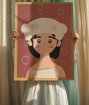 Illustration of a person in a towel with bubbles on a pink background