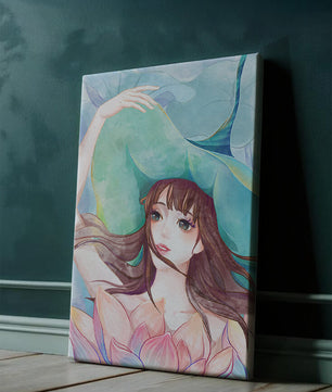 Serene water-inspired portrait of a woman with flowers