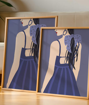 Stilvolle Illustration einer Frau mit gepunkteter Schleife und blauem Kleid