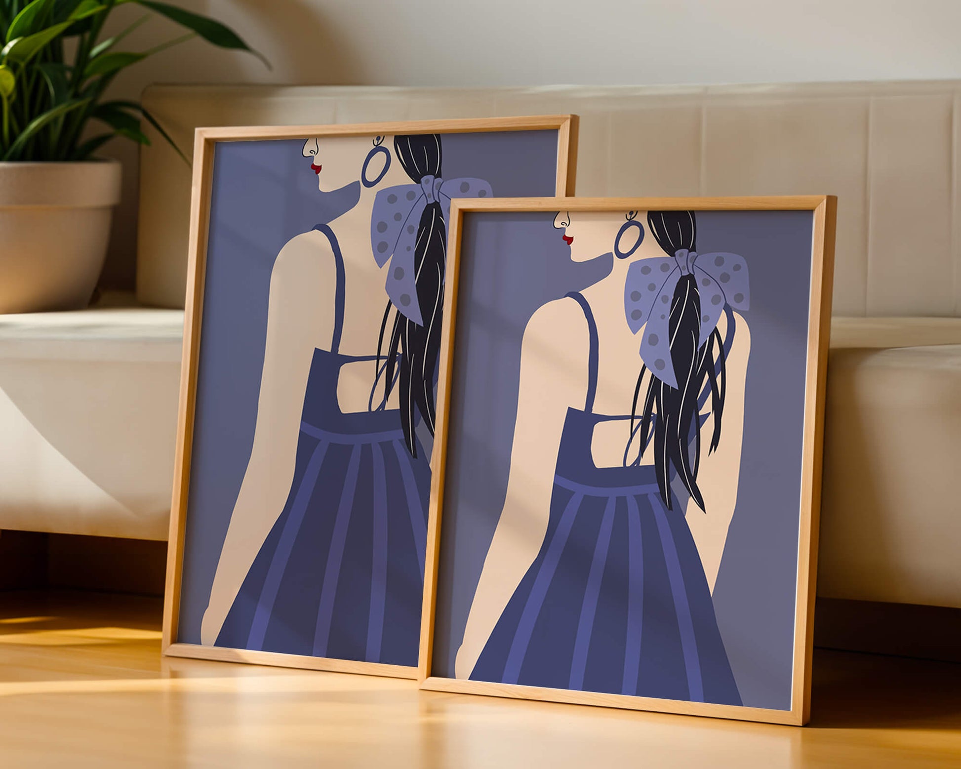 Stilvolle Illustration einer Frau mit gepunkteter Schleife und blauem Kleid