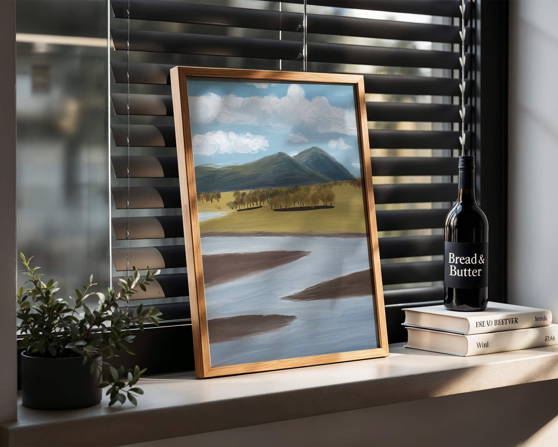 Serene Landscape with Mountains, Trees, and River