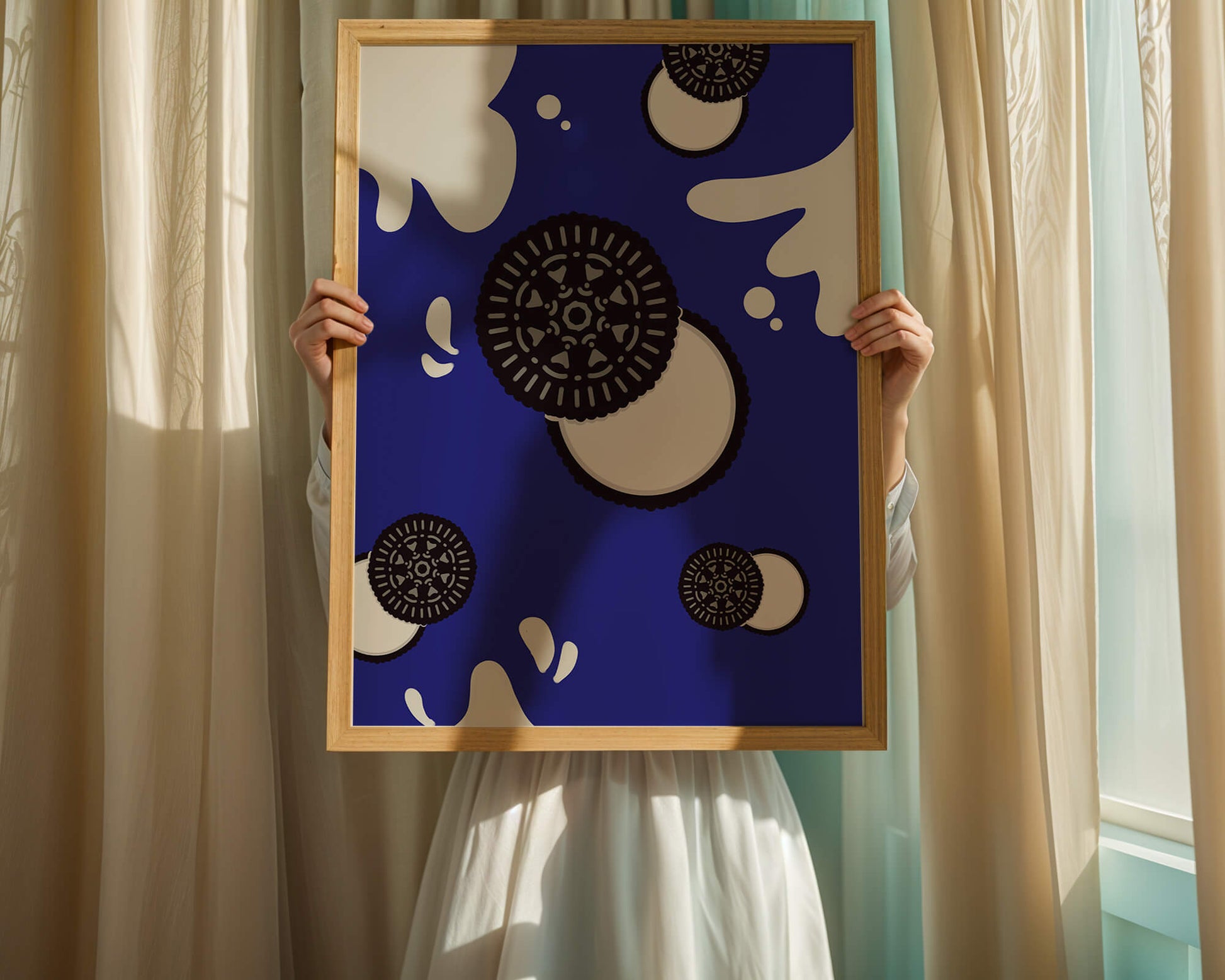 Graphic design featuring cookies and milk splashes on blue background