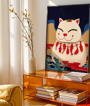 Japanese Lucky Cat with Fish Design in a Surreal Landscape
