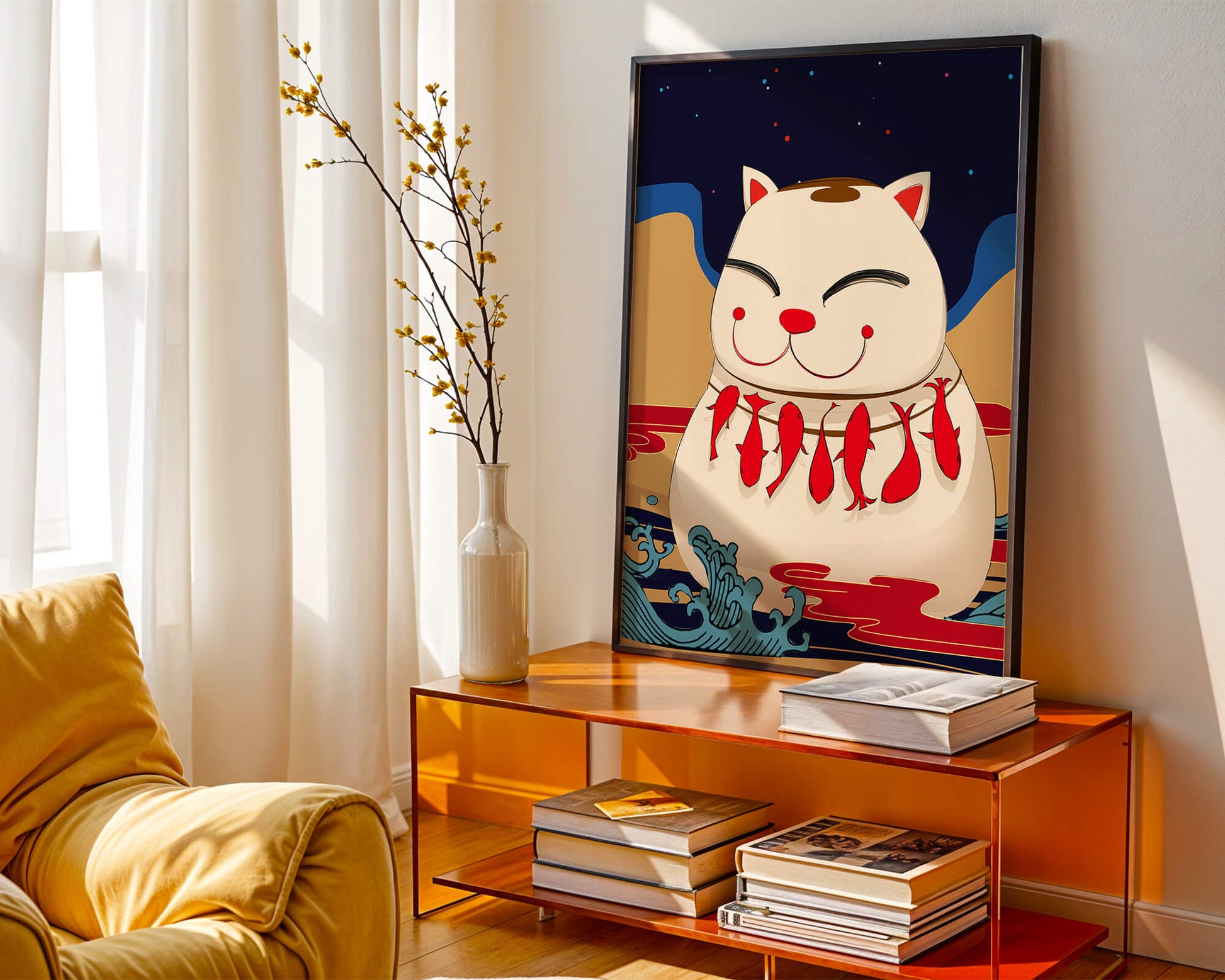 Japanese Lucky Cat with Fish Design in a Surreal Landscape