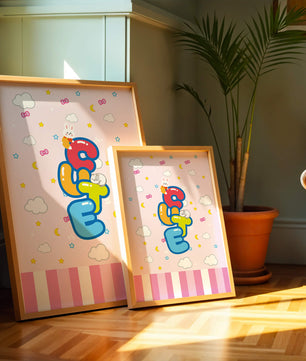 Playful pastel illustration with cute characters and clouds
