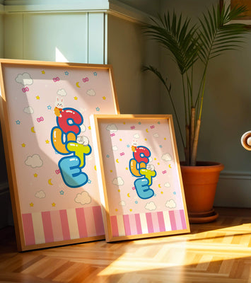 Playful pastel illustration with cute characters and clouds