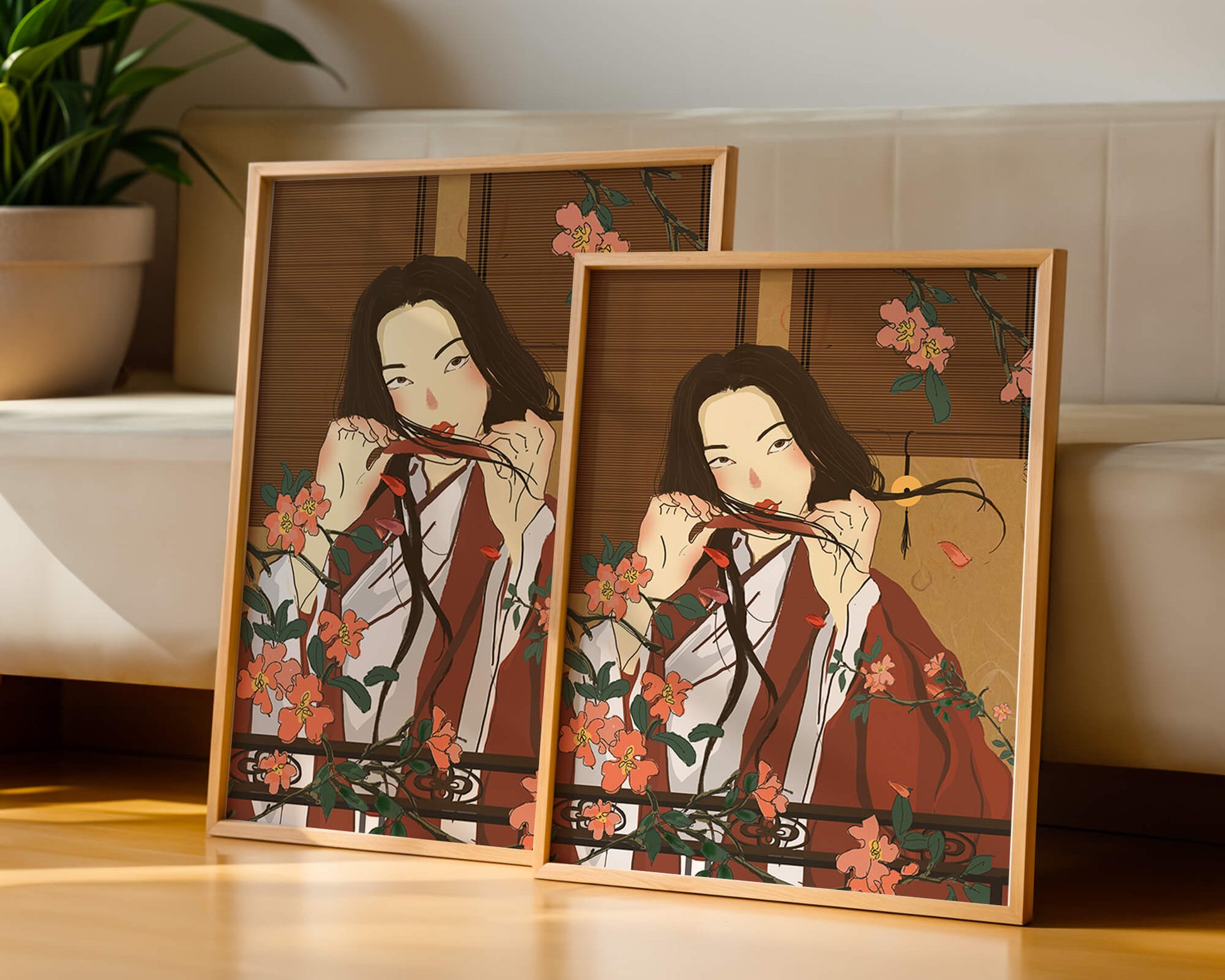 Japanerin spielt Flöte zwischen Blumen in traditioneller Umgebung