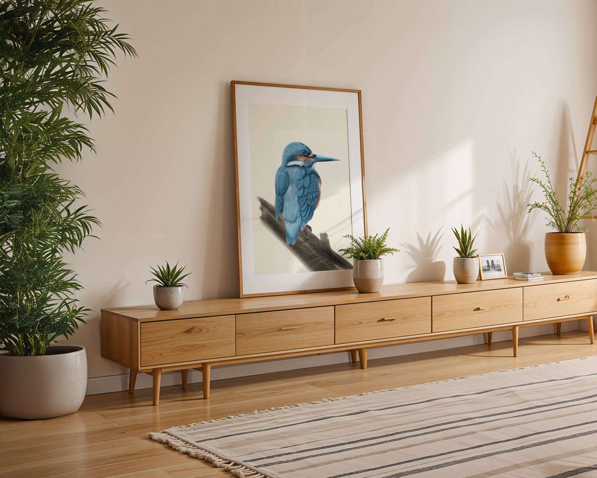 Illustration of a vibrant blue bird on a branch