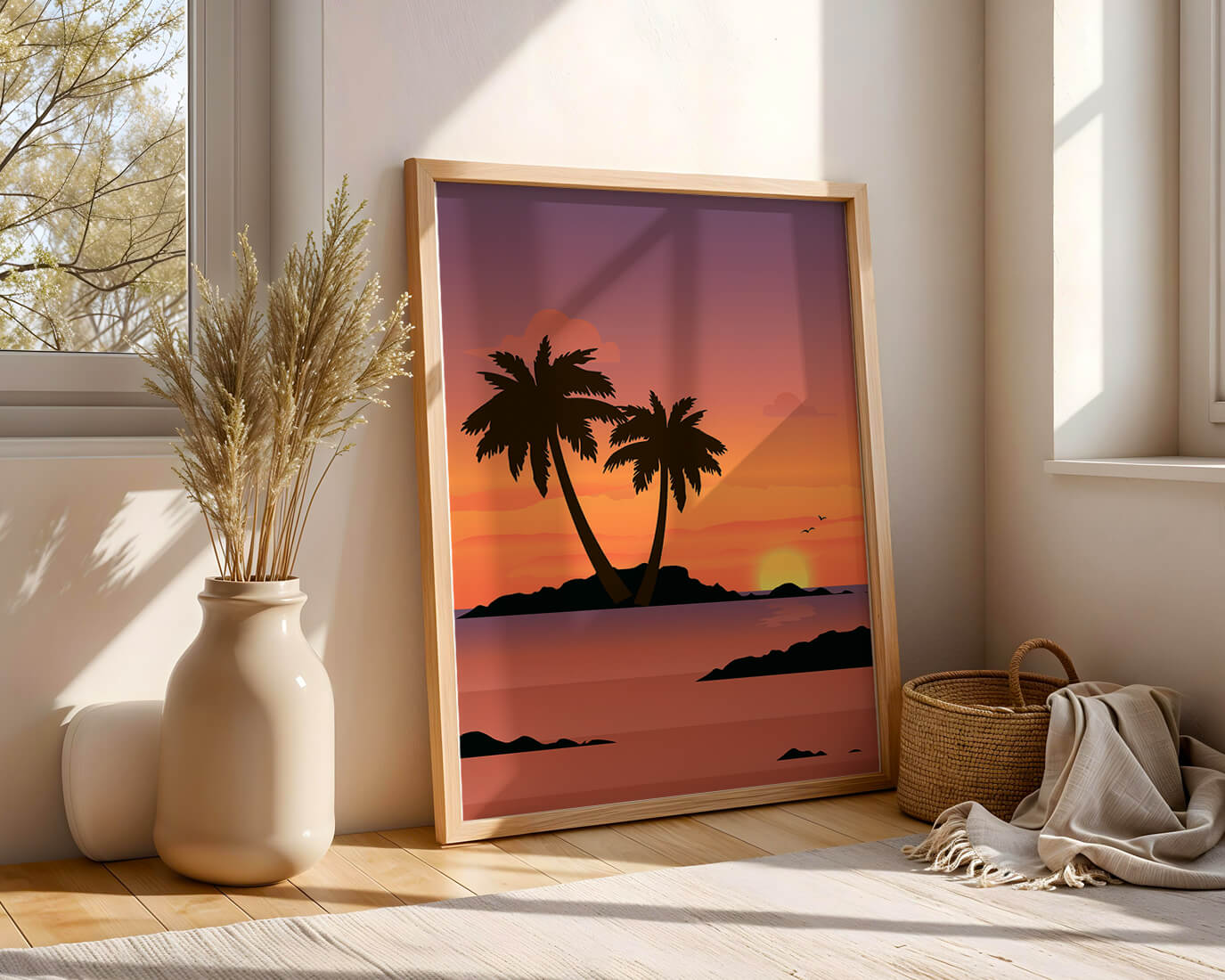 Sunset Over Tropical Island with Palm Trees and Birds - Mi tienda