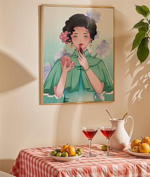 Woman applying lipstick with elegant floral background