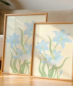 Ilustración elegante de flores azul claro con tallos verdes