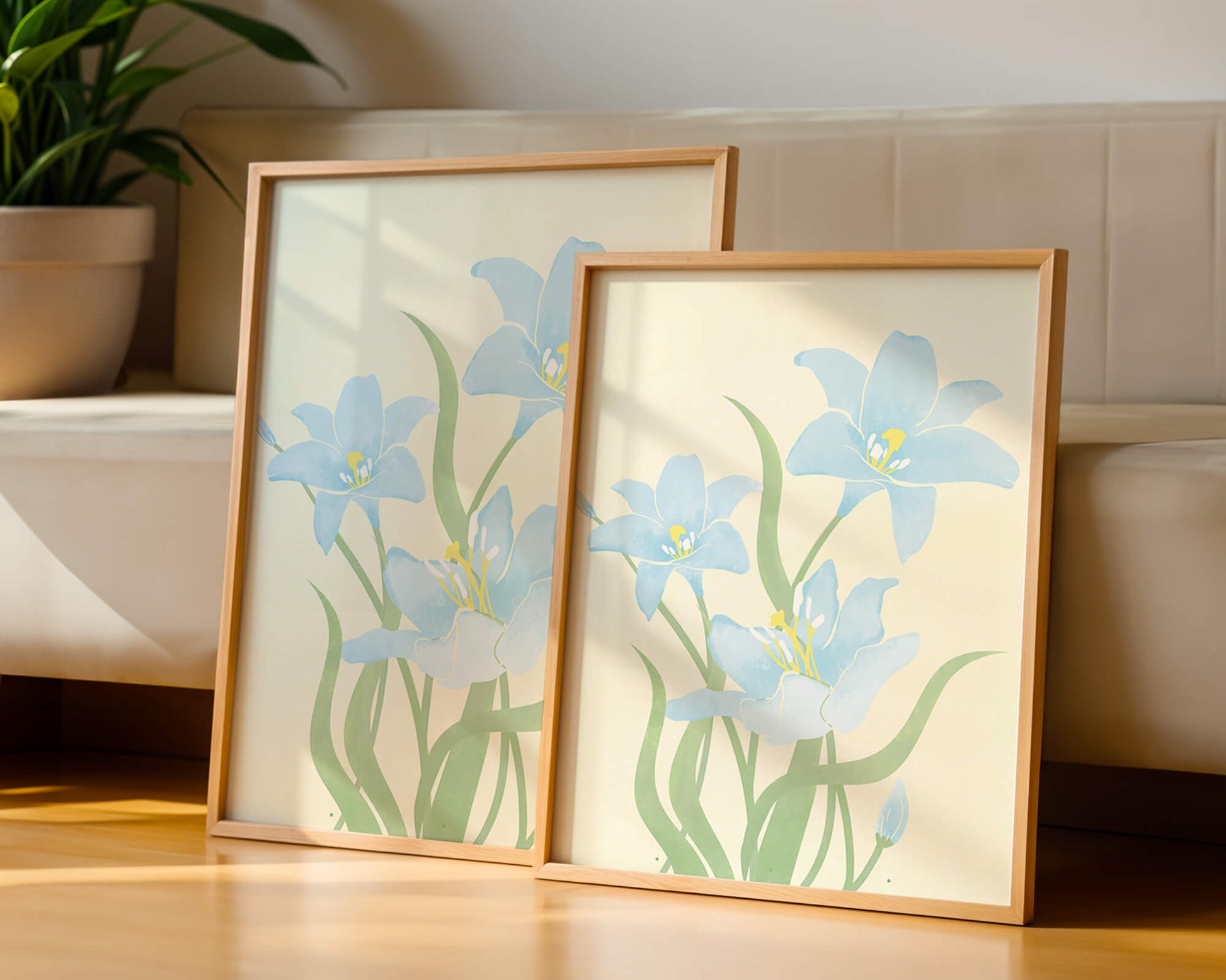 Ilustración elegante de flores azul claro con tallos verdes