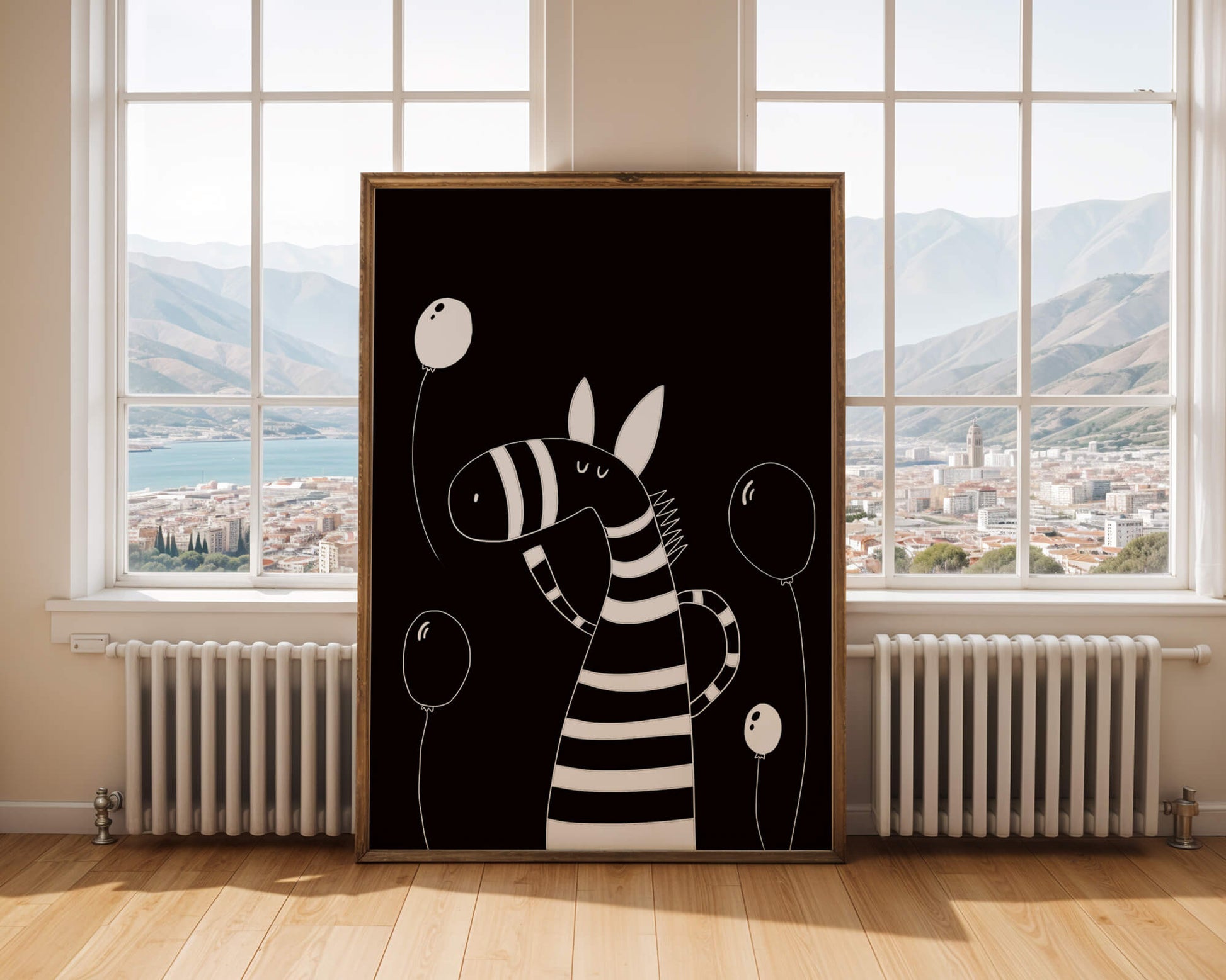 Cebra juguetona con globos en arte minimalista en blanco y negro