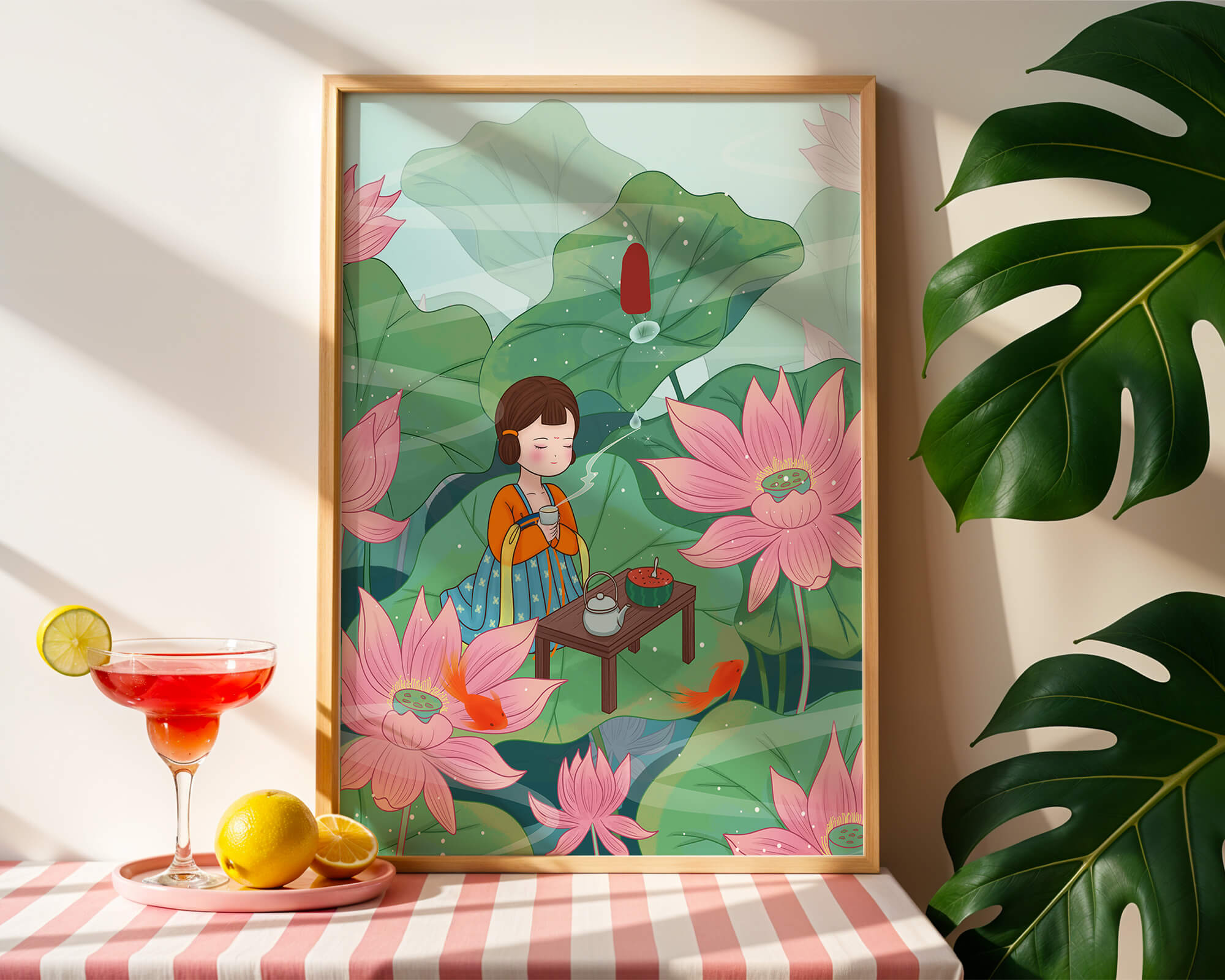 Serene illustration of a girl enjoying tea among lotus flowers