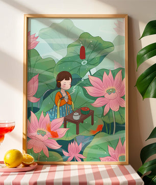 Serene illustration of a girl enjoying tea among lotus flowers