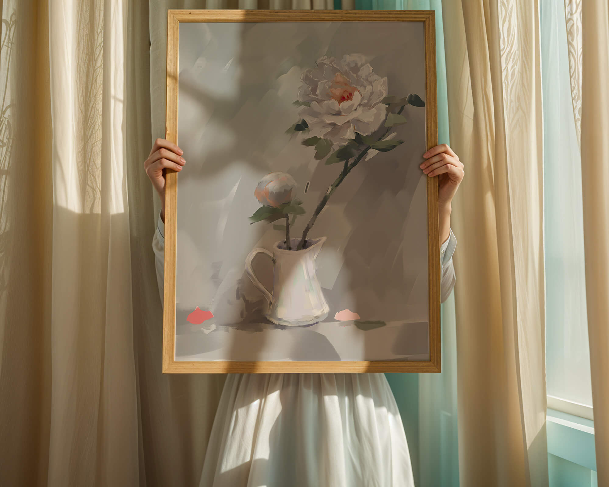 Elegant white peonies in a ceramic jug with soft pastel background