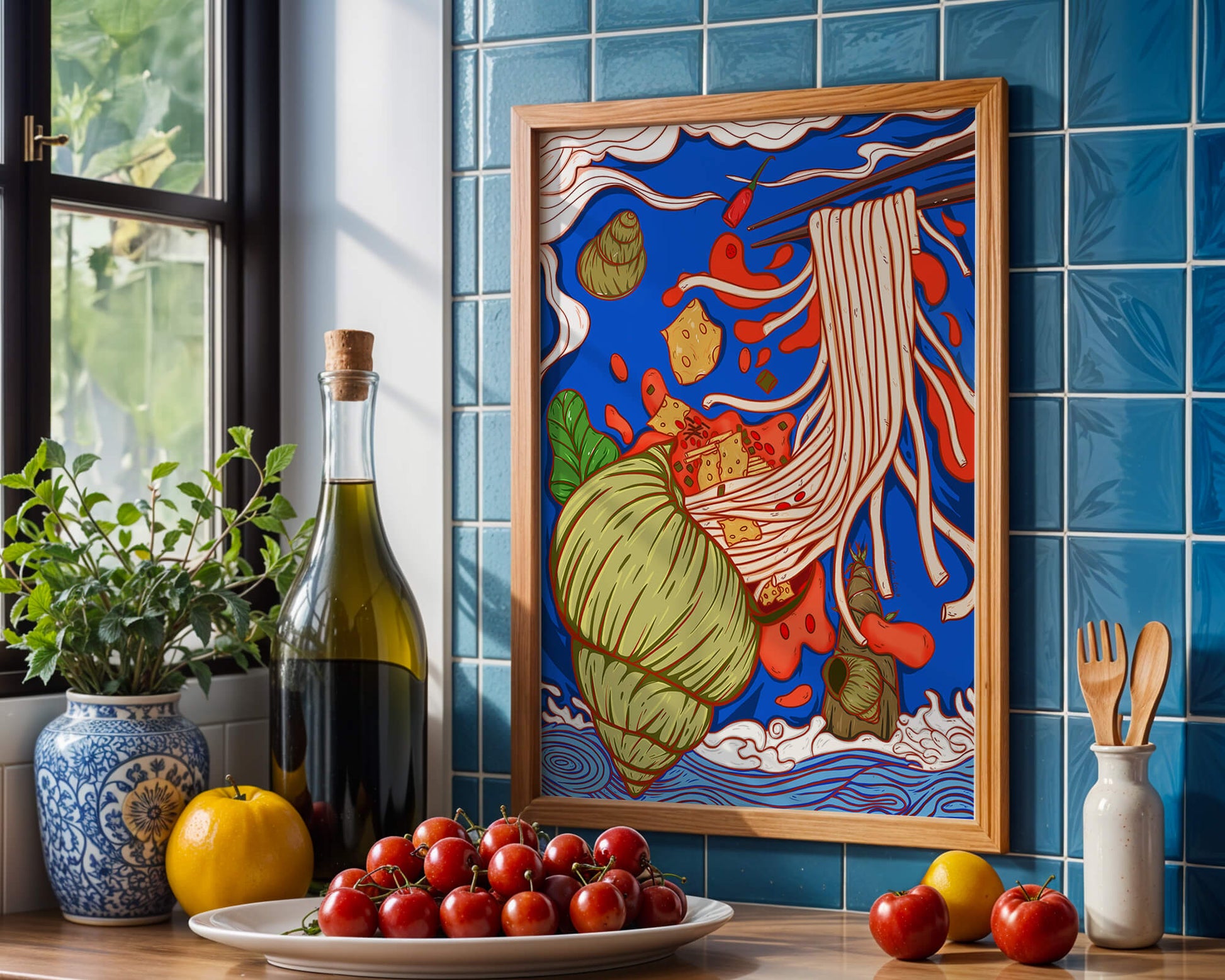 Ilustración intrincada de fideos con colores vibrantes y elementos detallados