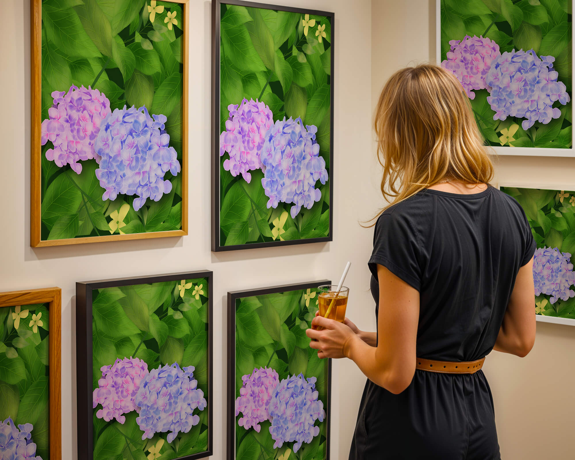 Delicate hydrangeas with lush green leaves in a vibrant botanical scene
