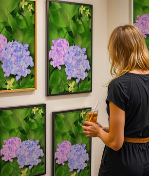 Delicate hydrangeas with lush green leaves in a vibrant botanical scene