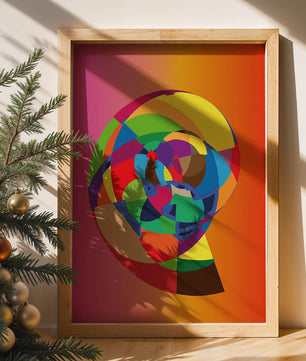 Vibrant abstract geometric shape with multicolored spiral on gradient background